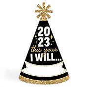 Big Dot of Happiness Hello New Year - Cone Party Hats - 2023 NYE Resolution Cone Party Hat for Adults - Set of 8 (Standard Size)