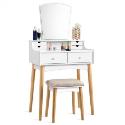 Costway Vanity Table Set Dressing Table Cushioned Stool Makeup Table