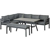 Outsunny 4 Piece Patio Furniture Set Aluminium Outdoor Dining Sofa Set Conversation Set w/ Bench, Dining Table & Cushions, Grey