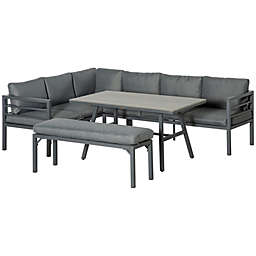 Outsunny?4?Piece?Patio Furniture Set Aluminium Outdoor Dining Sofa Set Conversation Set w/ Bench, Dining Table & Cushions,?Grey
