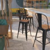 Flash Furniture Lily 30" High Black Metal Barstool with Back and Wood Seat