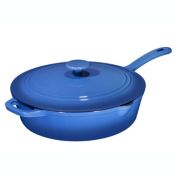 Bruntmor Enameled Cast Iron Skillet Deep Sauté Pan with Lid, 12 Inch, Enameled Duke Blue with Black Enameled Interior, Superior Heat Retention