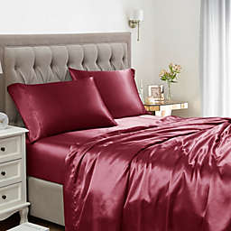 Sweet Home Collection   Satin 4-Piece Bed Sheets Set - Silky Soft & Royal Luxury Fashion Solid Sheet Set, Full, Burgundy Red