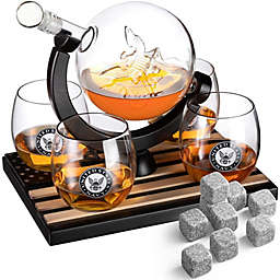 Whiskey Decanter Set with 4 Liquor Glasses - Navy Whisky Decanter & Glass Set with Wood Base and 9 Whiskey Stones
