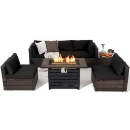 Gymax 7PCS Patio Rattan Furniture Set 42'' Fire Pit Table w/ Cover Cushioned