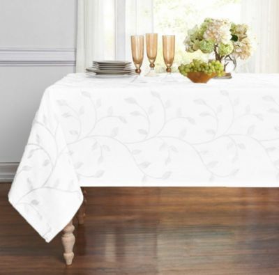 Kate Aurora Living Madison Floral Embroidered Fabric Tablecloth - 54 in. x 84 in. (6-8 Chair), White