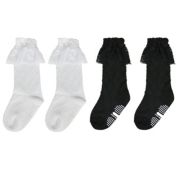 Wrapables Non-Slip Knee High Toddler Girl Socks with Lace Cuff, Set of 2