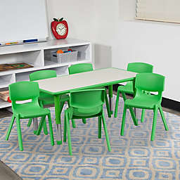 Flash Furniture 23.625''W x 47.25''L Rectangular Green Plastic Height Adjustable Activity Table Set with 6 Chairs