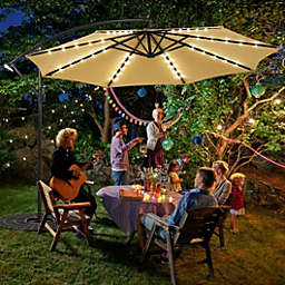 Costway 10 Ft Solar LED Offset Umbrella with 40 Lights and Cross Base for Patio-Beige