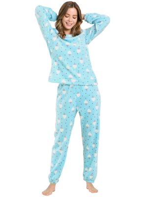 Allegra K Cute Printed Long Sleeve Winter Flannel Pajama Sets For Women L Ice Cream Printed Blue