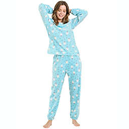 Allegra K Winter Flannel Pajama Sets for Women Cute Printed Long Sleeve Round Neck Nightwear Top and Pants Loungewear Soft Sleepwears Large Blue