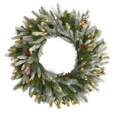 Nearly Natural Pre-Lit Berries and Pinecones Christmas Wreath, 24-Inch, Clear Lights