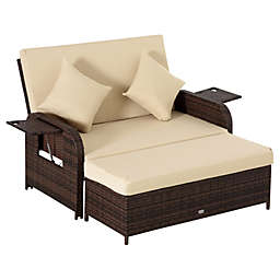 Outsunny 2 Seater Patio Wicker Lounge Sofa Set, Outdoor PE Rattan Garden Assembled Sun Lounger Daybed Furniture, w/ Storage Footstool & Side Tables/ Drink Trays for Poolside, Porch, Backyard, Beige