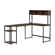 HOMCOM L-Shaped Home Office Desk with Large Tabletop Workspace, Bottom Tower Shelf, and 3 Cube Shelves, Walnut Brown