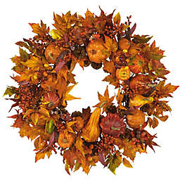 Nearly Natural Autumn Harvest Maple Berries and Pinecones Wreath, Orange - 28-Inch