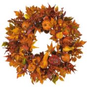 Nearly Natural Autumn Harvest Maple Berries and Pinecones Wreath, Orange - 28-Inch