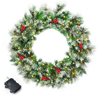 Costway 24" Pre-lit Flocked Artificial Christmas Spruce Wreath w/ 50 LED Lights & Timer