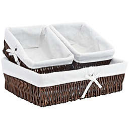 Home Outfitters Set of Three Vertical Willow Storage Baskets - Thick Poly Cotton Liners, Espresso