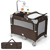 Slickblue 5-in-1  Portable Baby Beside Sleeper Bassinet Crib Playard with Diaper Changer-Brown
