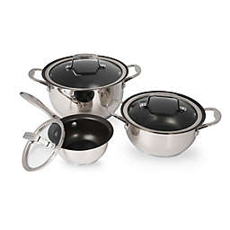 Wolfgang Puck 6-Piece Stainless Steel Pots and Pan Set; Scratch-Resistant Non-Stick Cookware, Clear Tempered-Glass Lids, Cool Touch Handles, Extra-Wide Rims for Easy Pouring
