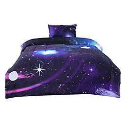 PiccoCasa All-Season Quilted Comforter Set Reversible Galaxies Purple With 1 Pillow Case, Twin