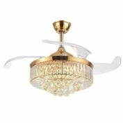 Stock Preferred Retractable Ceiling Fan Light Crystal LED 3 Speed Chandelier 42&#39;&#39; Gold