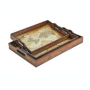 Cheungs Home Indoor Decorative Vintage Map and Wood Veneer Topped Trays, Set of 3