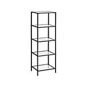 VASAGLE Bookcase, 5-Tier Bookshelf, Slim Shelving Unit for Bedroom, Bathroom, Home Office, Tempered Glass, Steel Frame, Black