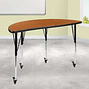 Flash Furniture Mobile 47.5" Half Circle Wave Collaborative Oak Thermal Laminate Activity Table - Standard Height Adjustable Legs