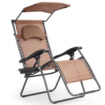 Costway Folding Recliner Lounge Chair with Shade Canopy Cup Holder-Coffee