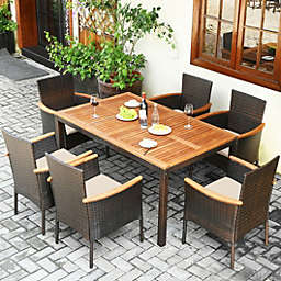 Costway 7 Pieces Patio Rattan Dining Set with Armrest Cushioned Chair and Wooden Tabletop