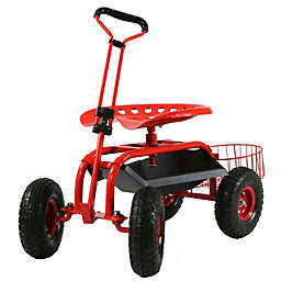 Sunnydaze Rolling Cart with Steering Handle Swivel Seat & Planter Basket - Red