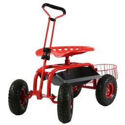 Sunnydaze Rolling Cart with Steering Handle Swivel Seat & Planter Basket - Red