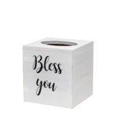 Elegant Designs Decorix Farmhouse Square Wooden Decorative Tissue Box Cover with "Bless you" Script in Black and Sliding Base for Vanity, Bathroom, Bedroom, Livingroom, Office, Home, Nightstand, Desk, Table - White Wash