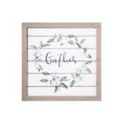 Urban Trends Collection Wood Square Wall Art with Frame, Printed "Gather" and Petals Design Painted Finish White