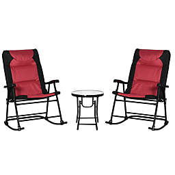 Outsunny 3-Piece Foldable Rocking Chair Outdoor Padded Bistro Set with Glass Table Top, Red and Black