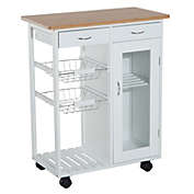 HOMCOM 28" Rolling Kitchen Trolley Serving Cart Storage Cabinet Bamboo Top with Wire Basket & Glass Door & Drawers, White