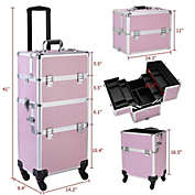 FCH Pro PVC/Aluminum Makeup Rolling Case Bag Lockable Cosmetic Wheeled Trolley Box, 3n1 pink