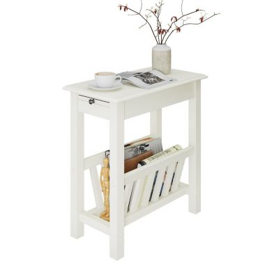 Slickblue 2-Tier End Table with Pull-out Tray and Solid Rubber Wood Legs-White. View a larger version of this product image.