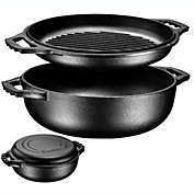 Bruntmor 2-in-1 Pre-Seasoned Cast Iron Cocotte Double Braiser Pan with Grill Lid 3.3 Quarts - Barbecue Grill Non Stick Frying Pan - Casserole Cookware Wide Handle (Pre-seasoned Black)