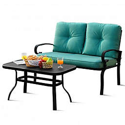 Costway 2PCS Patio Loveseat Bench Table Furniture Set with Cushioned Chair-Turquoise