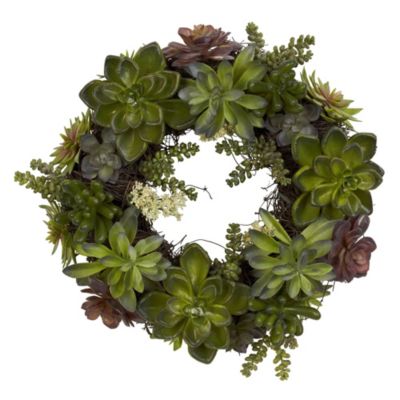 Nearly Natural Green Succulent and Magnolia Spring Floral Wreath, 20-Inch