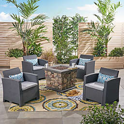 Contemporary Home Living 5-Piece Charcoal Gray and Silver Contemporary Outdoor Patio Furniture 4 Seater Fire Pit Set