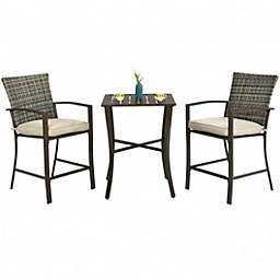 Costway 3 Pieces Rattan Bar Furniture Set with Slat Table and 2 Cushioned Stools-Brown