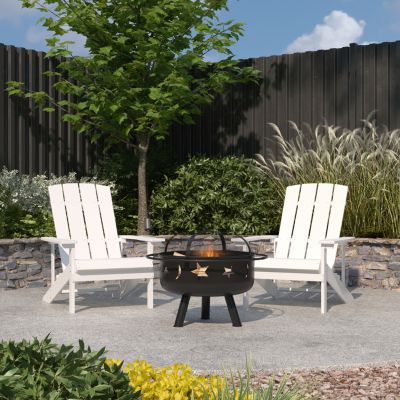 Merrick Lane Ayala 3 Piece Outdoor Leisure Set with Set of 2 White Poly Resin Adirondack Chairs and Star and Moon Iron Fire Pit