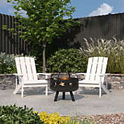 Merrick Lane Ayala 3 Piece Outdoor Leisure Set with Set of 2 White Poly Resin Adirondack Chairs and Star and Moon Iron Fire Pit