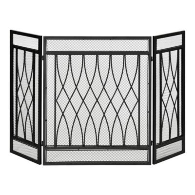 Black Gold Finish Fireplace Screen 3 Panel Folding Wrought Iron Arch Scrollwork 