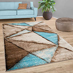 Paco Home Brown Blue Area Rug for Living Room with Geometric Pattern in Beige