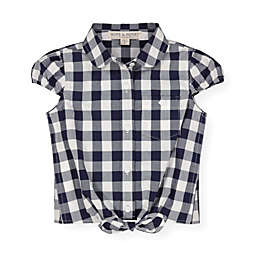 Hope & Henry Toddler Girls' Woven Short Sleeve Button Down Shirt with Tie Front, Navy Check, 3