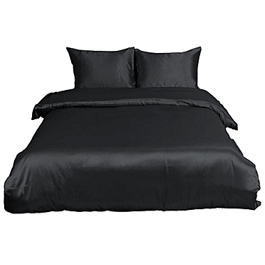 PiccoCasa Solid Duvet Cover Set with 2 Pillow Shams, Soft Polyester Silky Satin Bedding 3-Piece Set, Solid Color Satiny Comforter Cover Set with Zipper Closure & Corner Ties Queen Black. View a larger version of this product image.